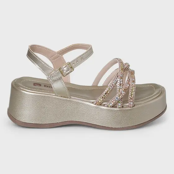 Sandália Infantil Feminina Salto Plataforma Dourada Strass Confortável Brilho Original