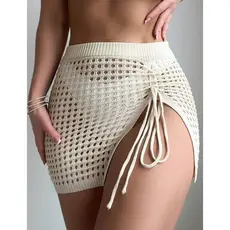 Saida Praia Saia mini Crochê Verão Tricot com Cordão Lateral Fenda Piscina Elegante