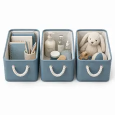 Kit 3 un. Cesto Organizador de Linho Dobrável Decorativo Easy Decor Multiuso com Alças de Algodão | AZUL