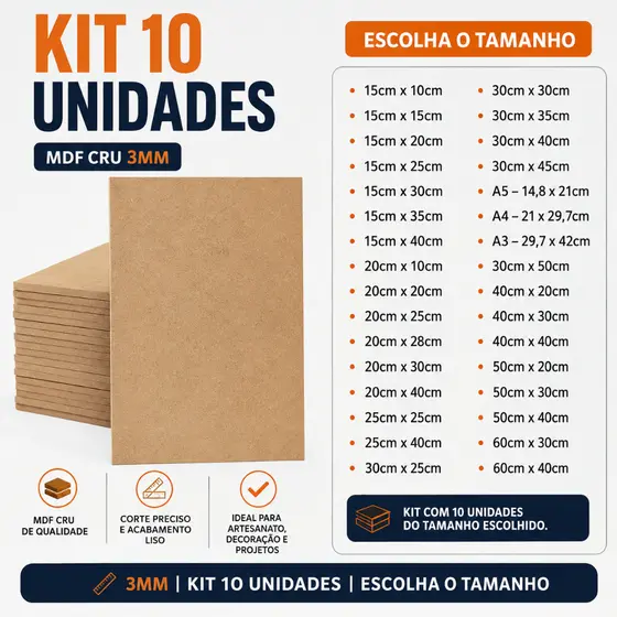 kit 10 Madeira de Qualidade Placas MDF Cru Multiuso para Quadros Decorativos e Fotos -A3 A4 A5 20x30 30x40 30x45 UNIFY
