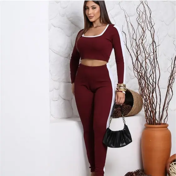 Conjunto Feminino Cropped Manga Longa e Calça Listra Lateral Moda Gringa