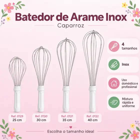 Batedor Fouet Inox Profissional Branco 25cm 30cm 35cm 40cm Fue Creme Clara Bolo Massa
