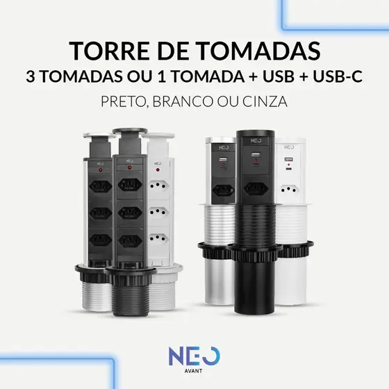 Torre 3 Tomadas ou 1 Tomada + USB + Tipo C Embutir Retrátil Elevor Para Bancada Neo Avant