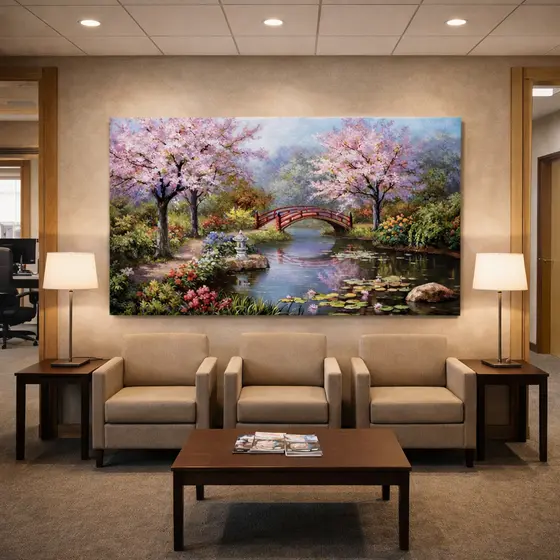 Quadro Decorativo Bela Paisagem Bosque Florido Flores Rosas e Lago MDF Grande Sofisticado