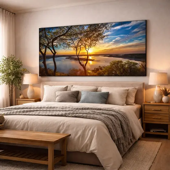 Quadro Decorativo MDF Grande Paisagem Pôr do Sol e Lago Na Floresta 110x70 Natureza Luxo