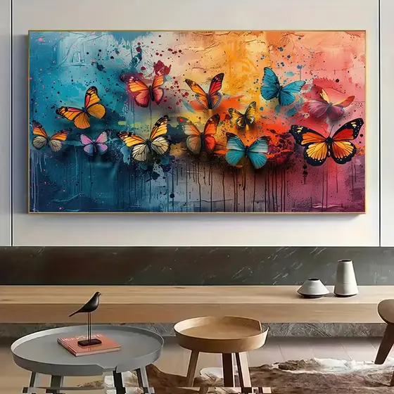 Quadro Decorativo Sala Borboletas Coloridas em Fundo Abstrato Luxo Elegante