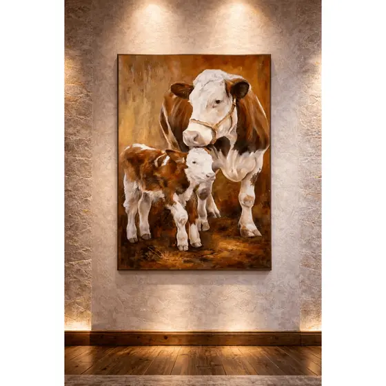 Quadro Decorativo Pintura Arte Em MDF Animais Da Fazenda Vaca Marrom E Bezerro Fofo