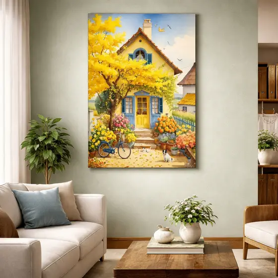 Quadro Decorativo Pintura Casa Antiga E Árvore Amarela Retrô Infância Moderno