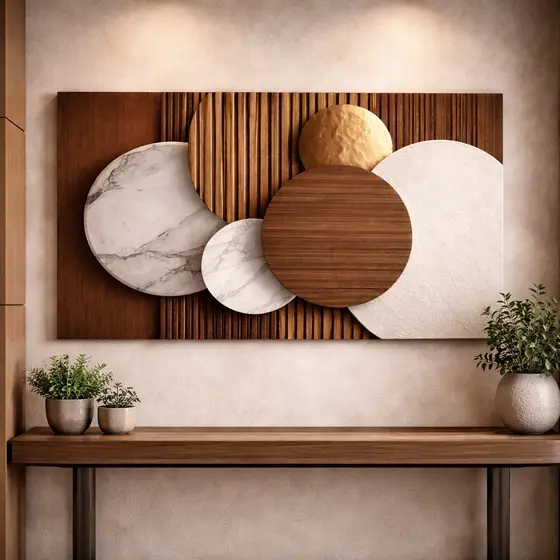Quadro Decorativo Circular Minimalista Abstrato em Bege Castanho Branco e Dourado Terracota Luxo