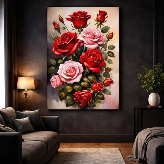 Quadro Decorativo Pintura Floral Belas Rosas Vermelhas Elegante Sofisticado Luxo Decoração Sala