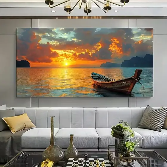 Quadro Decorativo Barco De Pesca Abandonado No Mar ao Pôr do Sol Decoração Sala Quarto MDF Grande