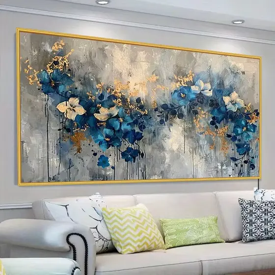 Quadro Decorativo Sala Floral Azul com Toques Dourados e Brancos Pintura Abstrata Luxo