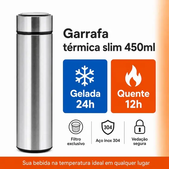 Garrafa Térmica Inox 304 450ml Parede Dupla a Vácuo com Infusor Para Chá Café Água