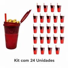 24 Copos Com Porta Lanche e Snacks Com Tampa e Canudo 2 Em 1 Copo Resistente Eventos e Lembrancinhas