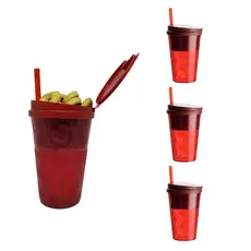 4 Copos Com Porta Lanche e Snacks Com Tampa e Canudo 2 Em 1 600ml
