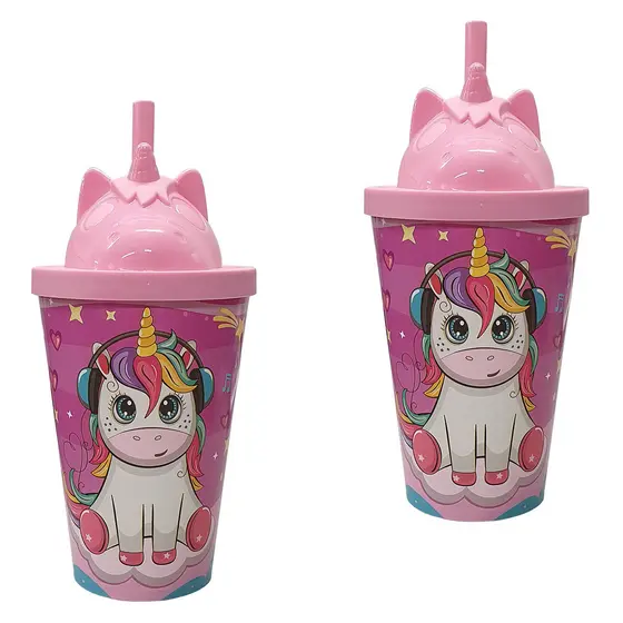 Copo Infantil 350ml com Tampa 3D e Canudo Plástico Atóxico Temas Animais Lembrancinha Kit 2pçs