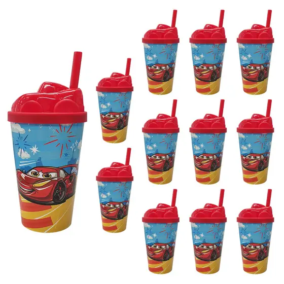 Copo Infantil 12pçs Com Canudo e Tampa Vários Temas Toys 350ml Atóxic Copos Infantis