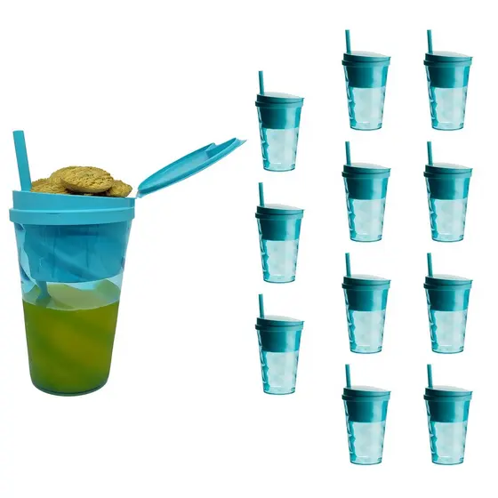 12 Copos Com Porta Lanche e Snacks Com Tampa e Canudo 2 Em 1 600ml