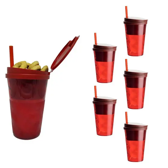 6 Copos Com Porta Lanche e Snacks Com Tampa e Canudo 2 Em 1 Copo de Acrilico Para Festa Vários Temas