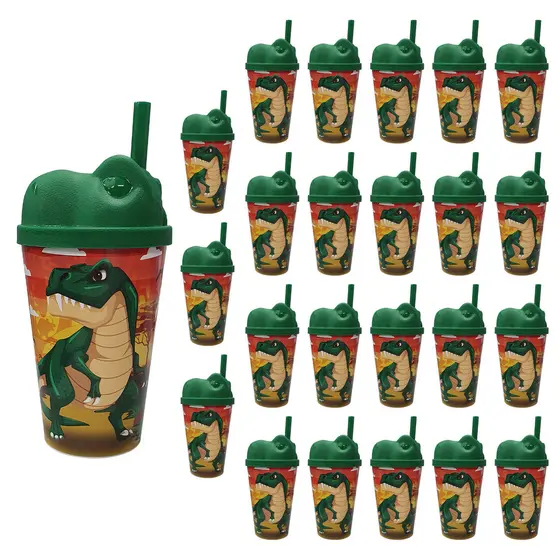 Copo Infantil 350ml com Tampa 3D e Canudo Plástico Atóxico Temas Animais Lembrancinha Kit 24pçs