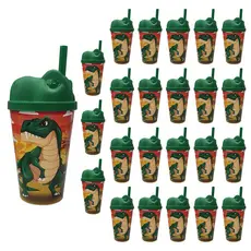 Copo Infantil 350ml com Tampa 3D e Canudo Plástico Atóxico Temas Animais Lembrancinha Kit 24pçs