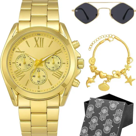 Relogio Inoxidavel Feminino Dourado + Caixa Colar Pulseira qualidade premium preto moda banhado aco