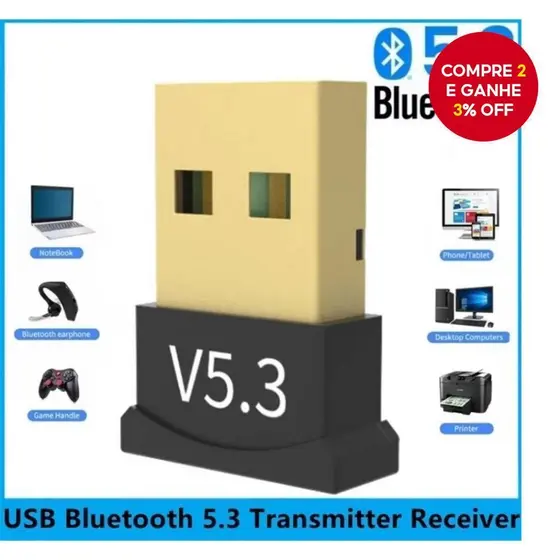 Adaptador USB Bluetooth 5.3 para computadores de secretária e portáteis, recetor e transmissor de áudio sem fios