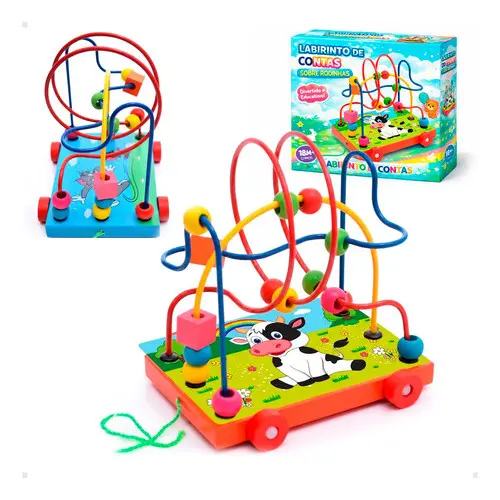 Brinquedo Aramado Educativo Montessori de Madeira -Carrinho de Puxar para Bebês Estimula Coordenação
