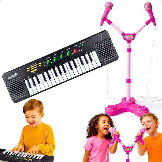 Teclado Elétrico Musical Infantil Com Microfone Duplo Pedestal