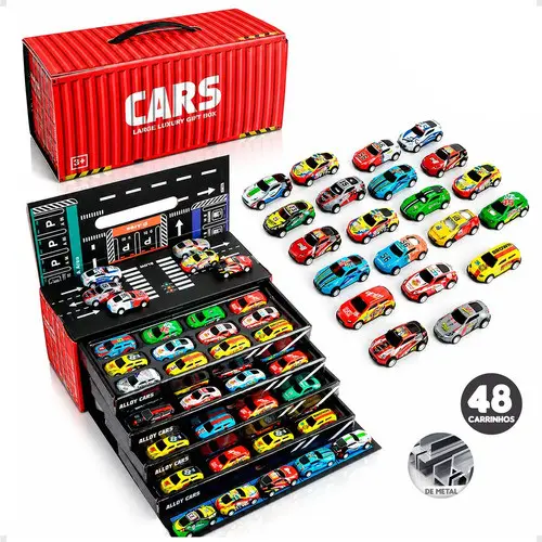 Kit 48 Carrinhos Miniatura Metal Fricção com Container Pista Brinquedo Infantil Coleção