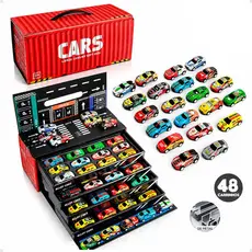 Kit 48 Carrinhos Miniatura Metal Fricção com Container Pista Brinquedo Infantil Coleção