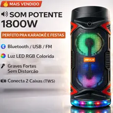 Caixa de Som 1800W Potente Bluetooth Karaokê RGB 2 Alto-Falantes 6.5" Som Alto Grave Forte