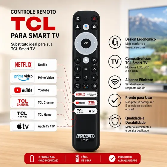Controle Remoto TCL para SMART TV LED LCD / NETFLIX, GLOBOPLAY, YOUTUBE, PRIME VIDEO, TCL, DISNEY+