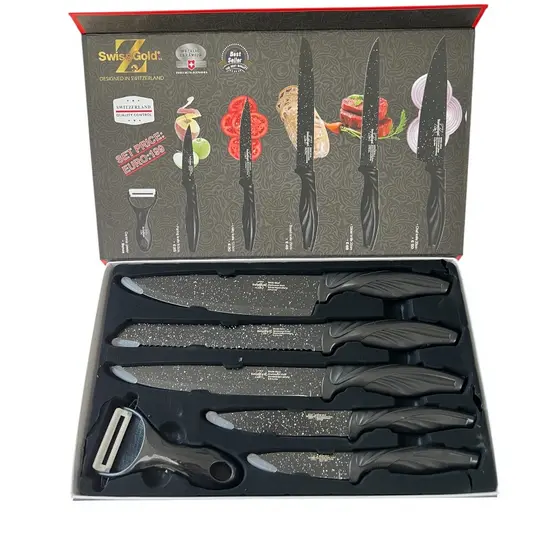 Jogo De Facas Gourmet Cozinha Moderna Cabo Cor Preto Laminas Aço Inoxidável 6pçs Cor Preto