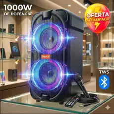 Caixa De Som Bluetooth Potente 1000W PMPO + Microfone Karaokê LED RGB TWS Bateria Longa Duração