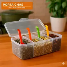 Caixa Organizadora Porta Chá com tampa 4 divisorias acompanha 4 colher conchas Organizador Ervas natural