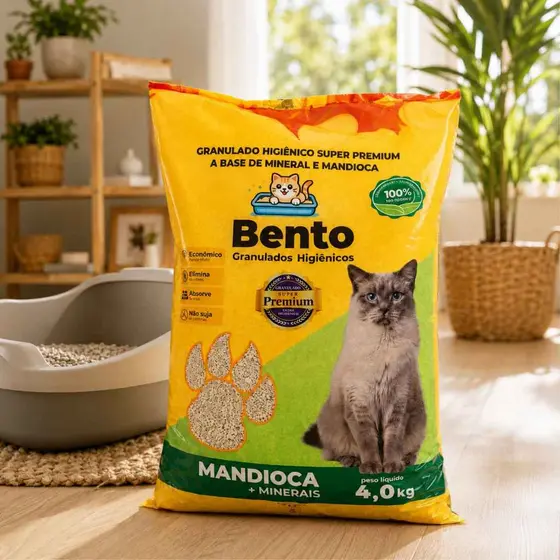 Areia Higiênica Mandioca Mix Granulados Biodegradável Natural Bento para Gatos Alta Absorção 4 kg