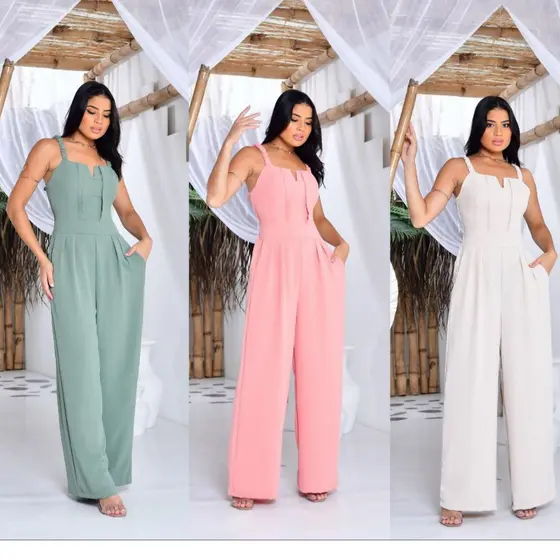 MACACÃO FEMININO LONGO PANTALONA  EM TECIDO DUNA COM LASTEX NAS COSTAS