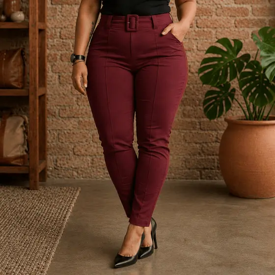 Calça Feminina Social Plus Size Tecido Bengaline Cinto Fivela Elegante Alfaiataria Cintura Alta