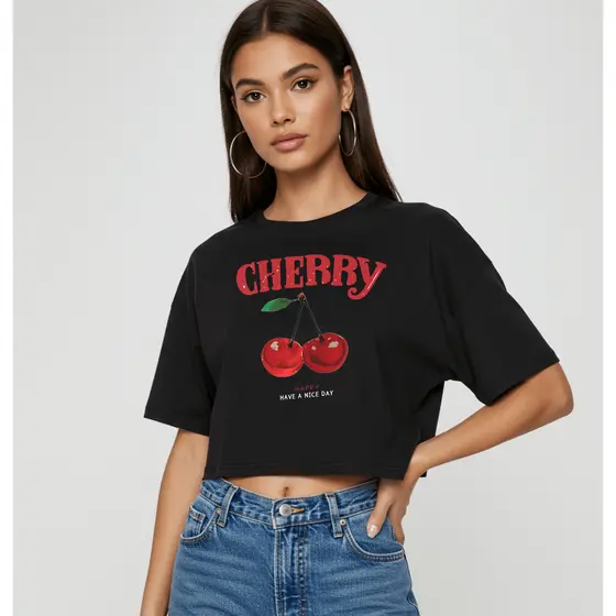 Cropped de Algodão Feminino  T-Shirt Cherry Estampa Frutas Estilo Vintage Oversized