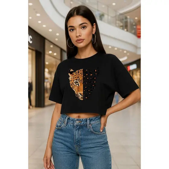Cropped Camiseta Feminina Onça Animal Print Branco Oversized Casual