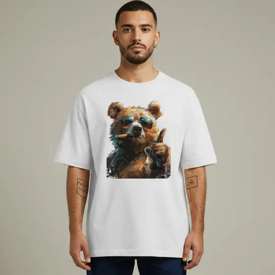 Camiseta Masculina Oversized Estampa Urso Descolado Óculos Estilo Street Art Moderna Criativa