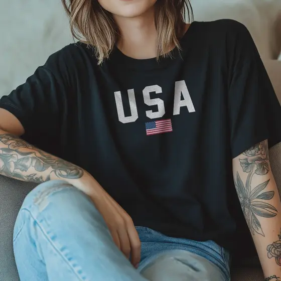 Camiseta feminina de algodão estampadas USA preta premium