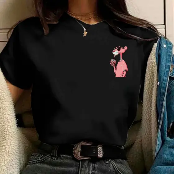 camiseta feminina pantera cor de rosa streetwear preta de algodão premium