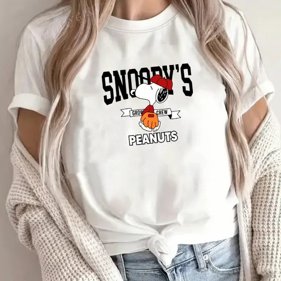 camiseta feminina snoopy desenho baseball off white de algodão premium