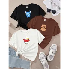 Camiseta feminina blusa de algodão kit com 3 unidades Stitch Capivara Patinho marrom off