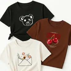 Camiseta Feminina Kit 3 Cabeça Urso X Preto Cerejas Marrom Envelope Flores Off White