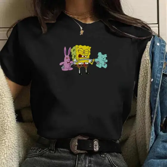 Camiseta feminina personagens marombas fit academia Cardio Bob Esponja Hello Kit Piupiu preta de algodão premium