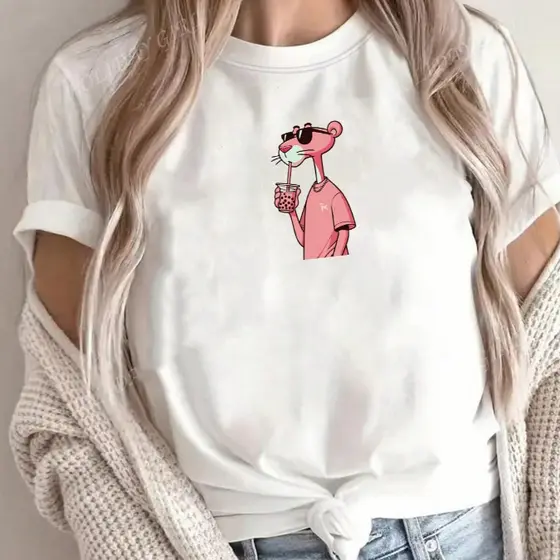 camiseta feminina pantera cor de rosa streetwear off white de algodão premium