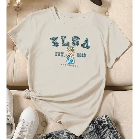 Camiseta feminina de algodão princesas Disney Elsa off white premium